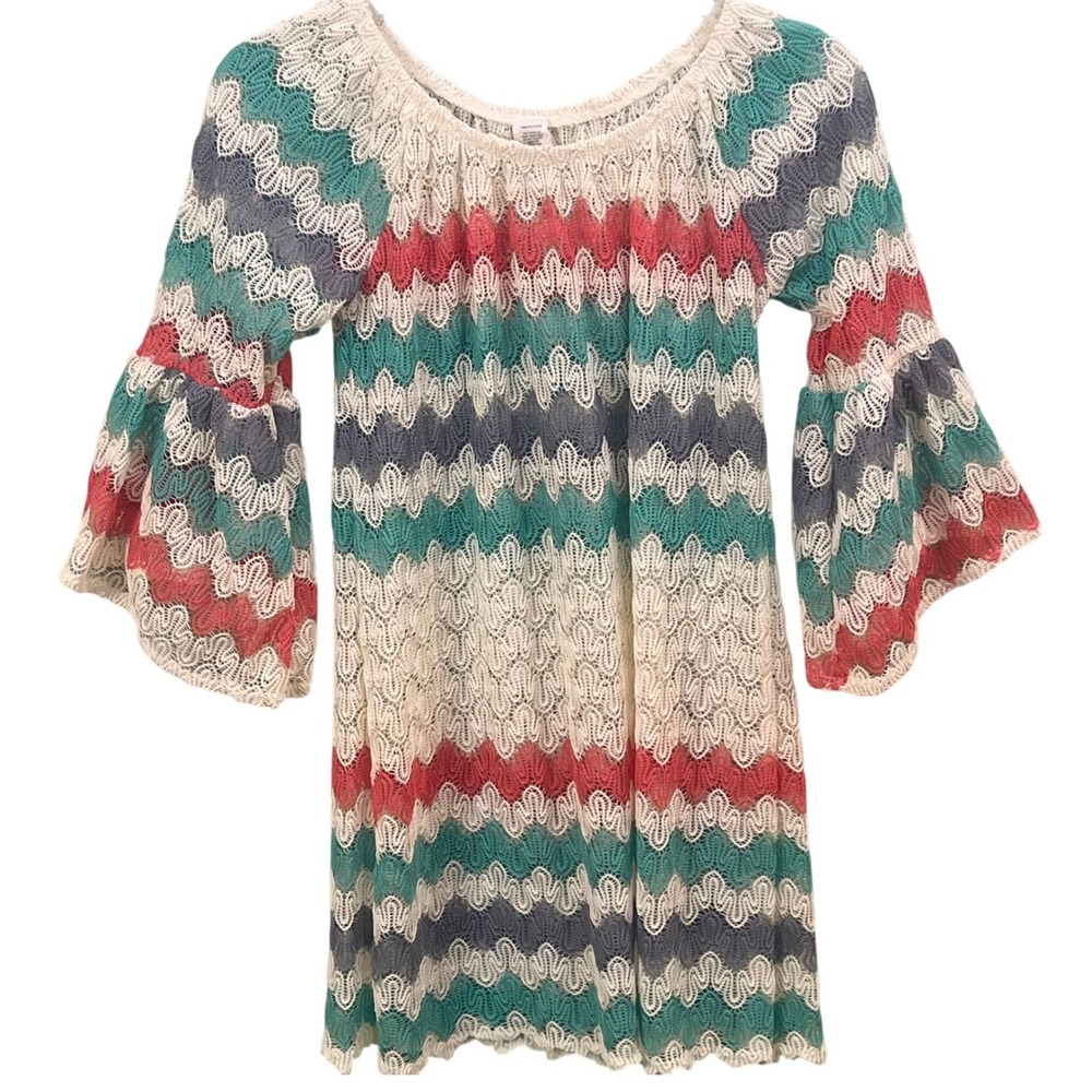 VTG Zig Zag Lace Open Knit Bell Sleeve Shirt‎ Woodstock Hippie Resort Medium USA
